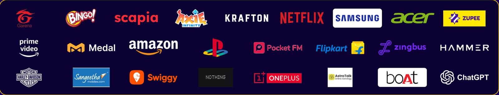 Logos of brands STAN has worked with: Garena, Bingo, Scapia, Axie Infinity, Krafton, Netflix, Samsung, Acer, Zupee, Prime Video, Medal, Amazon, PlayStation, Pocket FM, Flipkart, Zingbus, Hammer, Harley-Davidson, Sangeetha Mobiles, Swiggy, Nothing, OnePlus, AstroTalk, boAt and ChatGPT